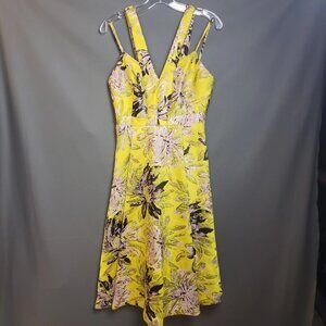 TOPSHOP Dress Womens 6 Yellow Tapestry Floral Fit Flare Midi Reto 1940s 50s EUC